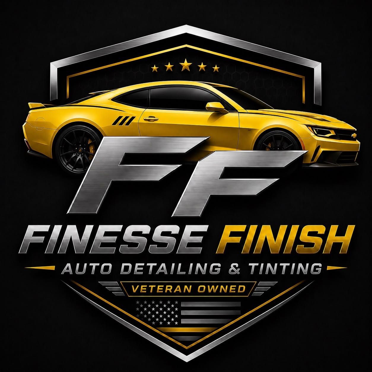 Finesse Finish black, silver, and yellow badge logo with a sports car